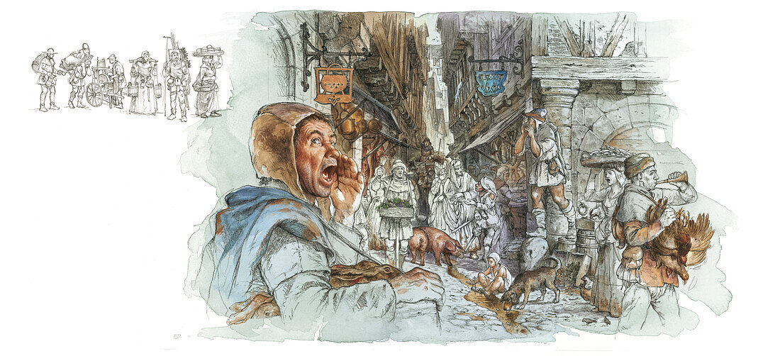 Street crier during the Middle Ages, illustration