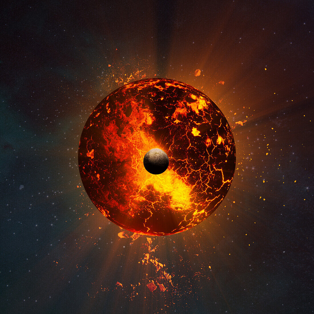 Molten planet with debris, composite image