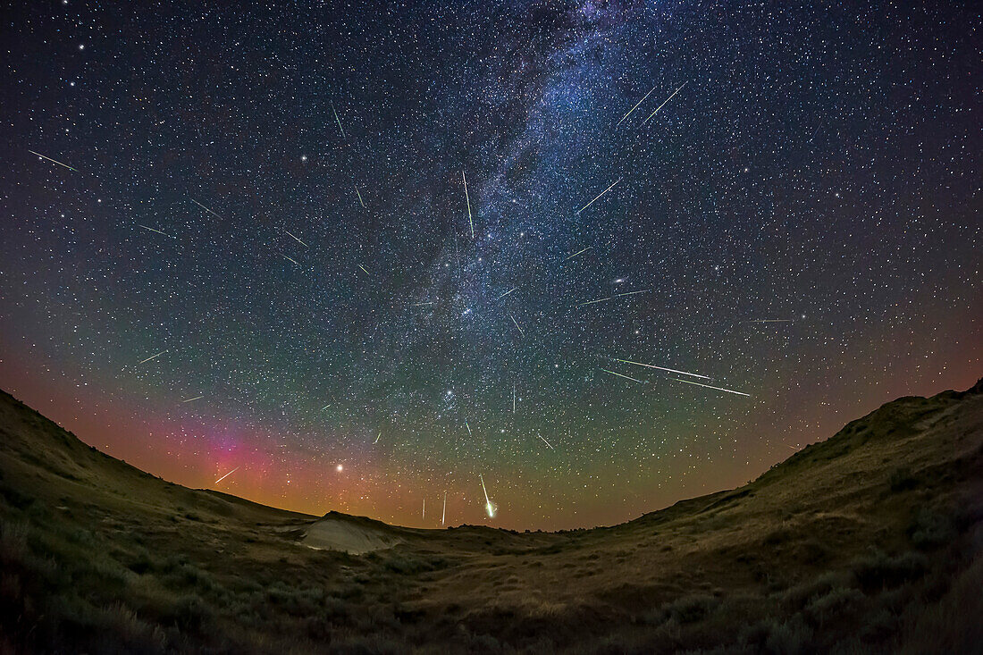 Perseid meteor shower over Dinosaur Park, Alberta, Canada