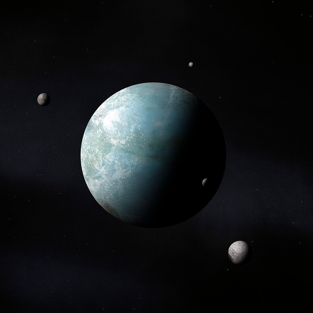 Earth-like planet surrounded by four moons, composite image