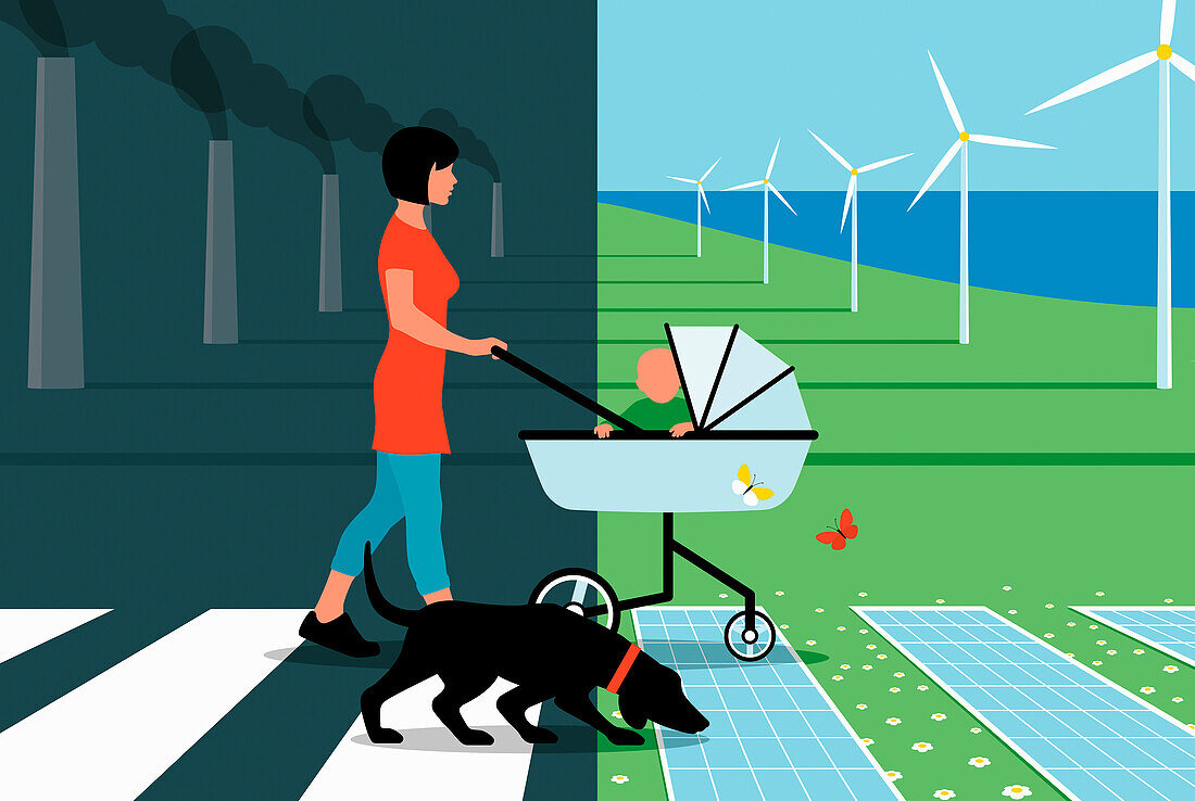 Mother pushing pushchair away from pollution, illustration