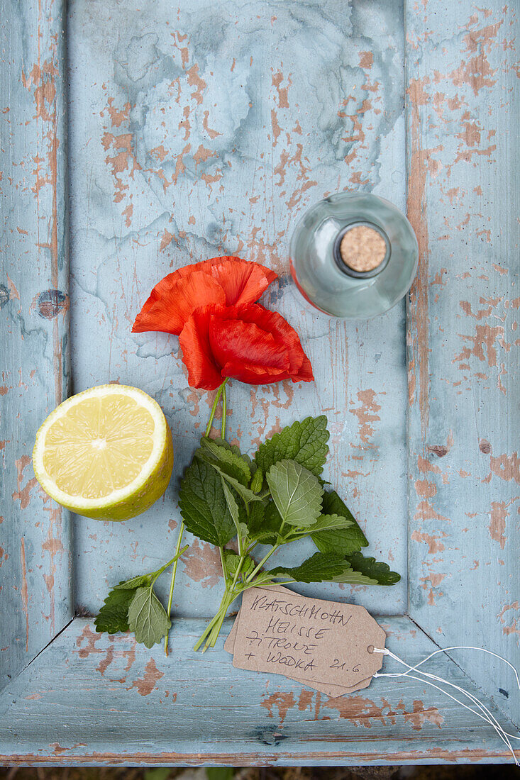 Ingredients for poppy seed and lemon balm tincture