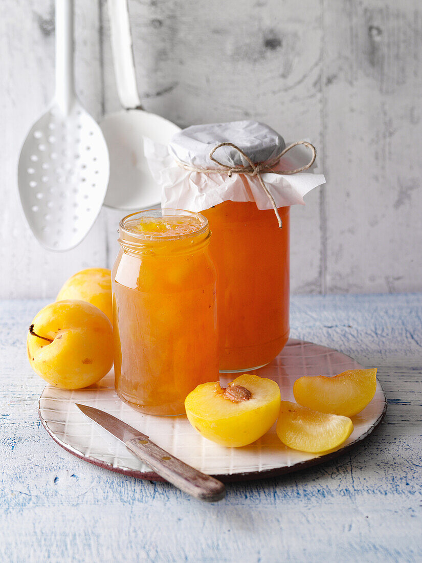 Yellow plum jam with cinnamon and plum water