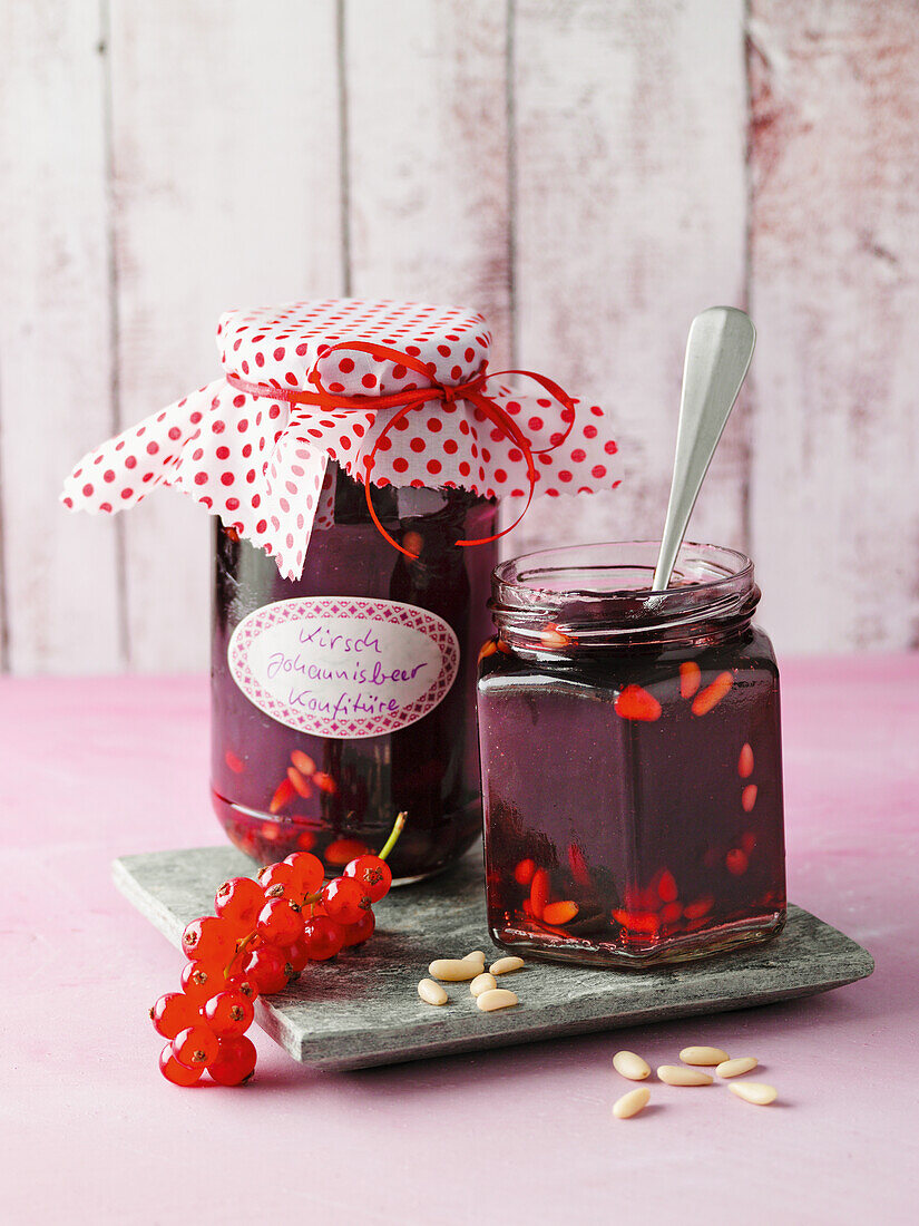 Cherry-currant jam with pine nuts and vanilla