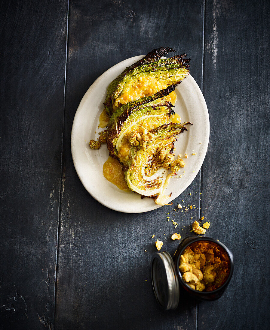 Roasted savoy cabbage with miso ginger dressing