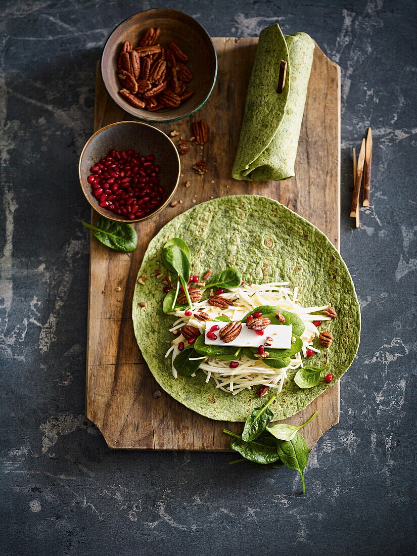 Waldorf salad in a seaweed tortilla wrap