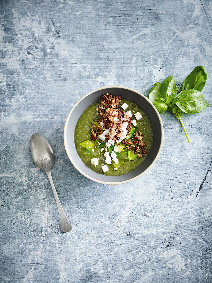 Zucchini soup with leek rue, feta, and olive tapenade