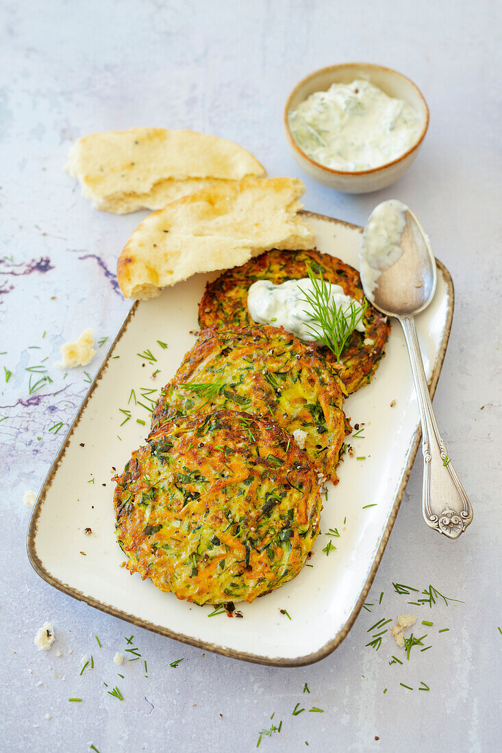 Vegetable fritters with tzatziki and pita bread (vegetarian)