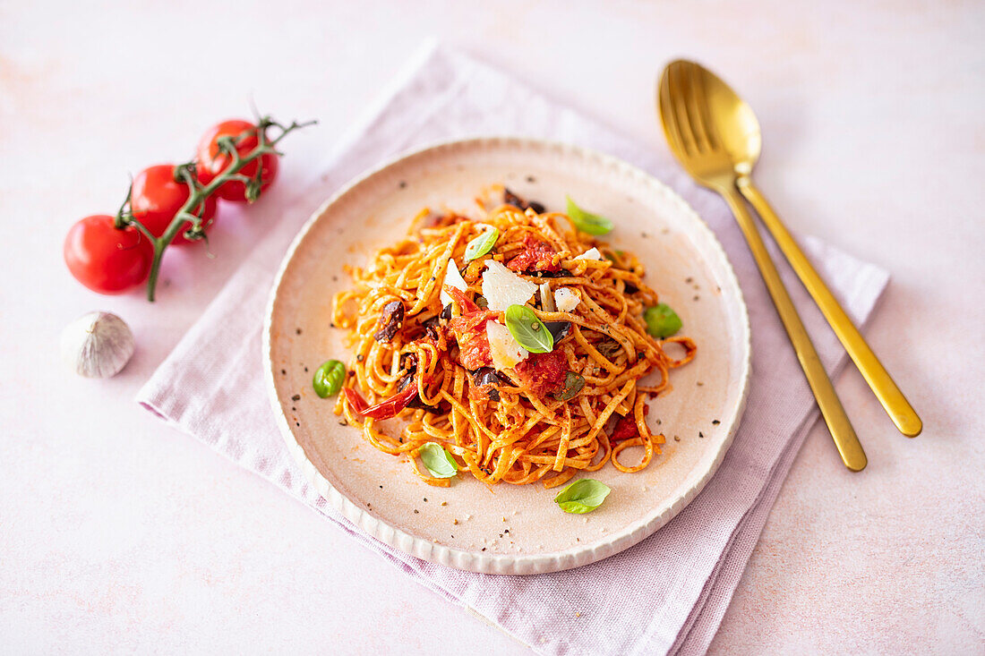 Spaghetti Puttanesca with homemade pasta (vegetarian)