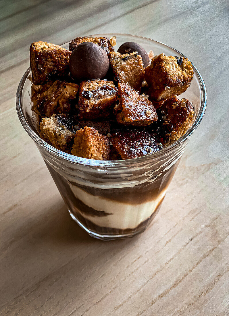 Affogato topped with Hot Cross Bun Croutons and Mini Easter Eggs