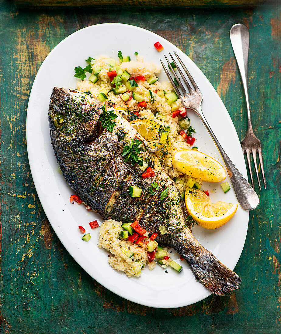 Grilled gilt-head seabream with couscous salad