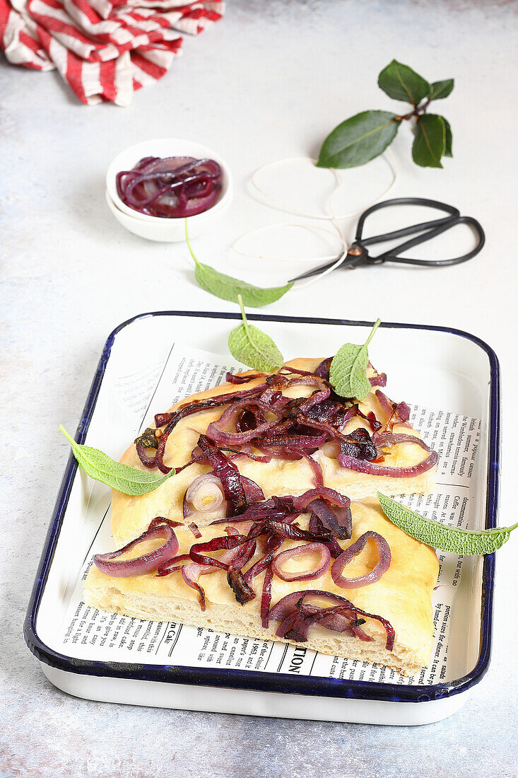 Focaccia with fried red onions