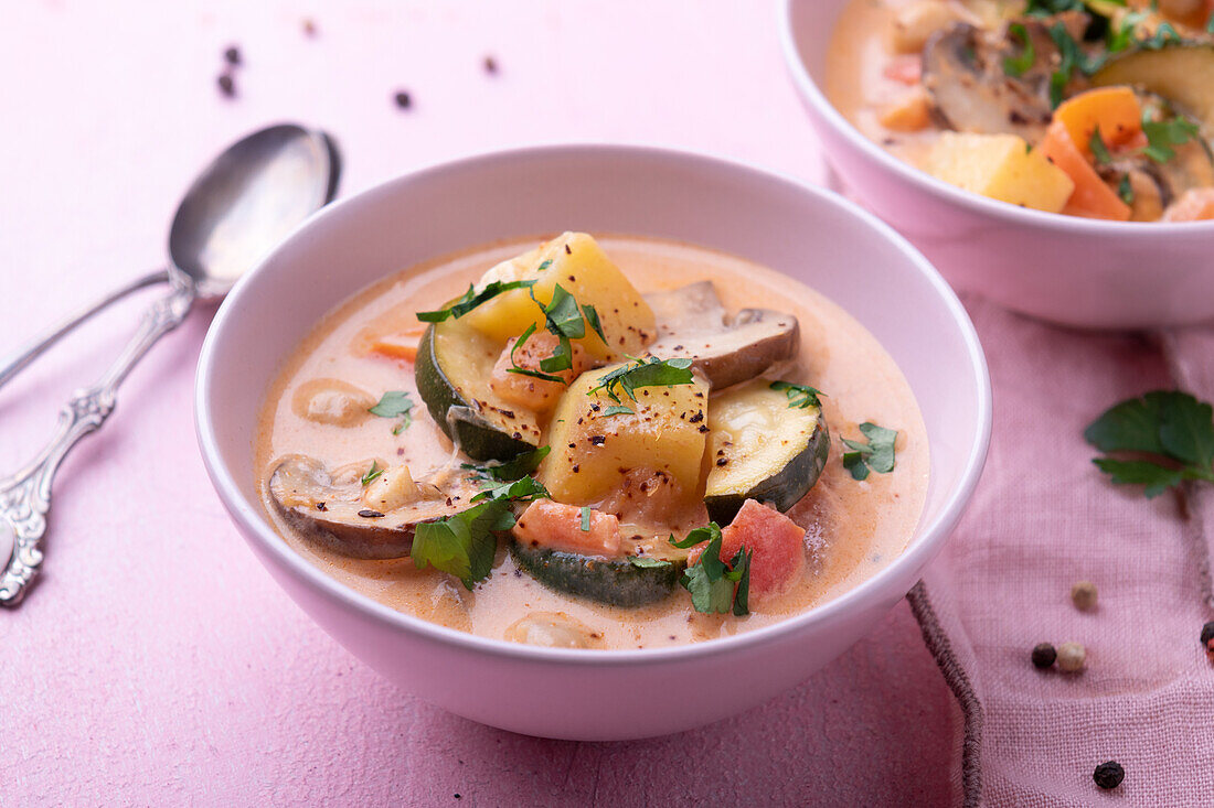 Vegan tomato-coconut curry with potatoes, mushrooms, and zucchini