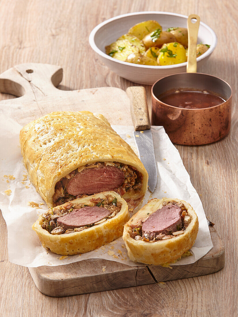 Venison Wellington with red currant sauce