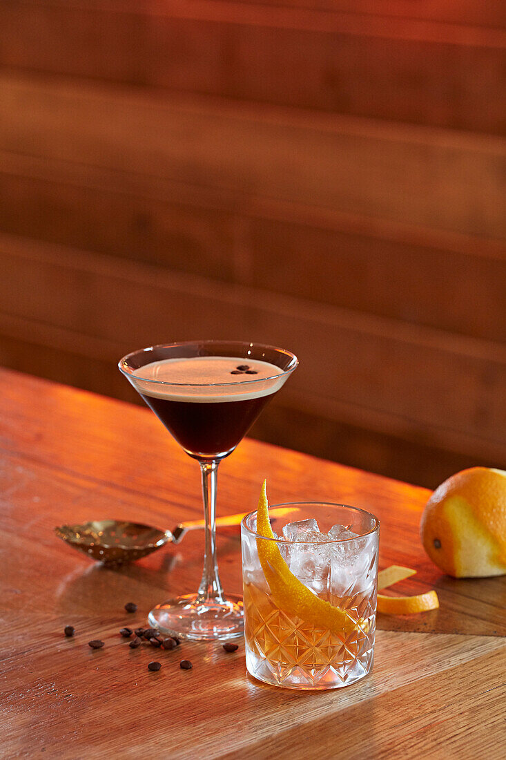 A espresso martini and an old fashioned cocktail