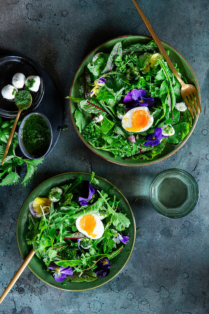 Frühlingskräutersalat mit Essblüten, gekochtem Ei und Mini-Mozzaralla