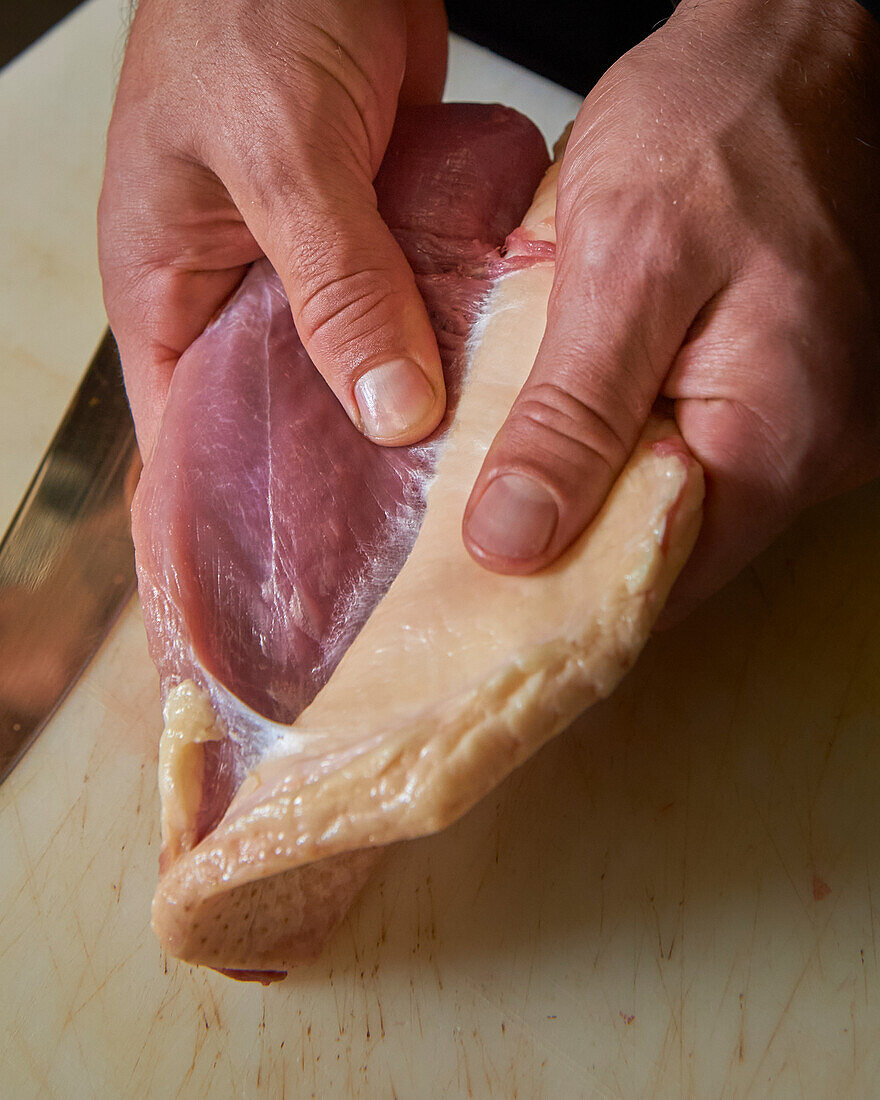 Removing skin from duck breast