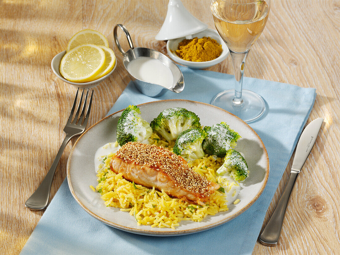 Sesame salmon on curry rice with broccoli