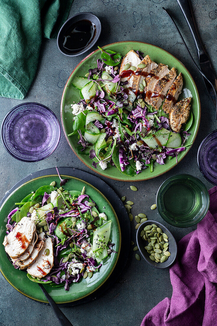 Chicken salad with red cabbage and cucumber