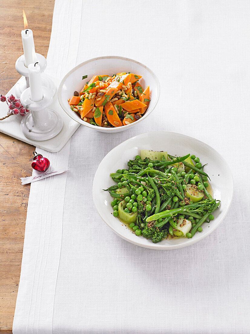 Honey-mustard steamed green medley and Carrots with pine nuts, raisins and parsley