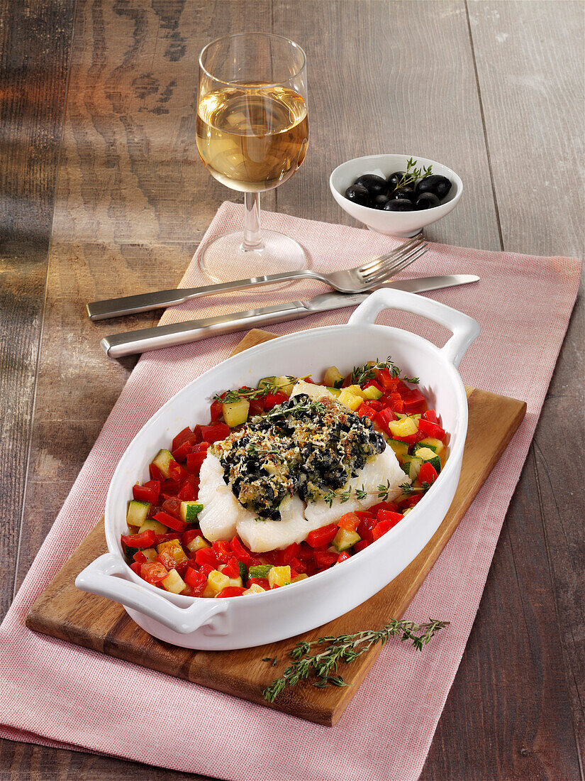 Fillet of fish with olive crust on vegetables