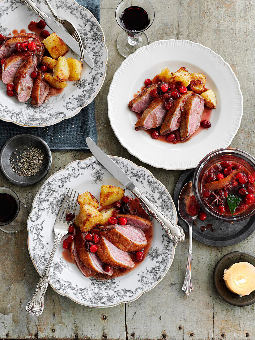 Roast duck with cranberry and sour cherry sauce