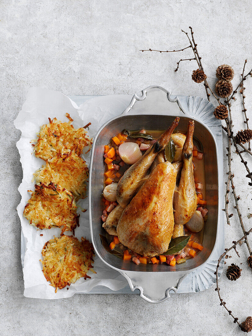 Pot-roast guinea fowl with parsnip rosti