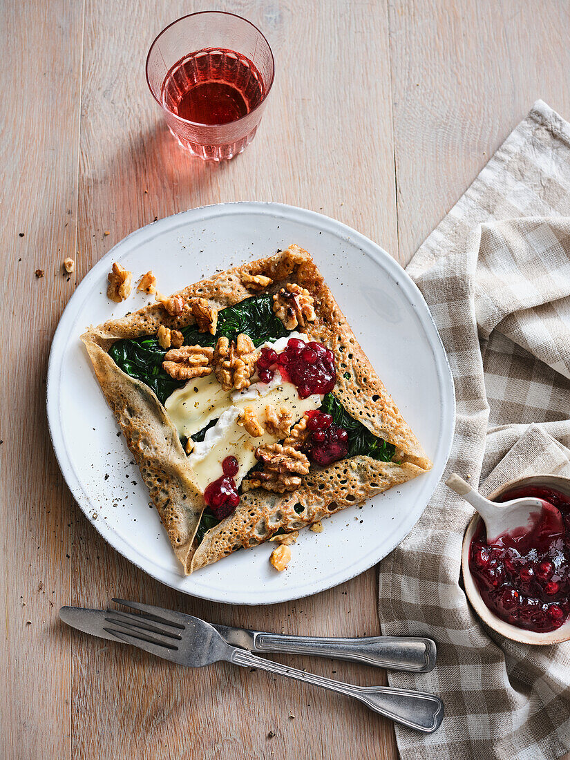 Buckwheat galettes with walnuts, camembert and cranberries