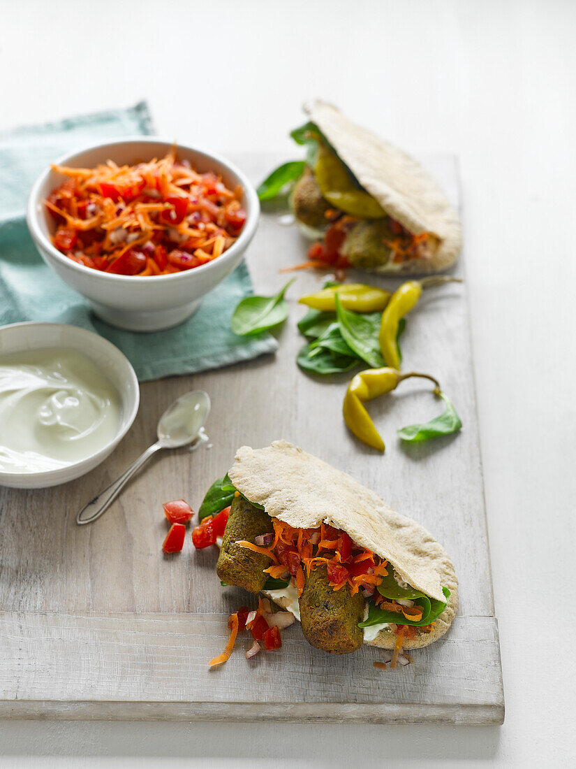 Veggie Kofta Pittas mit verschiedenen Zutaten zum Füllen