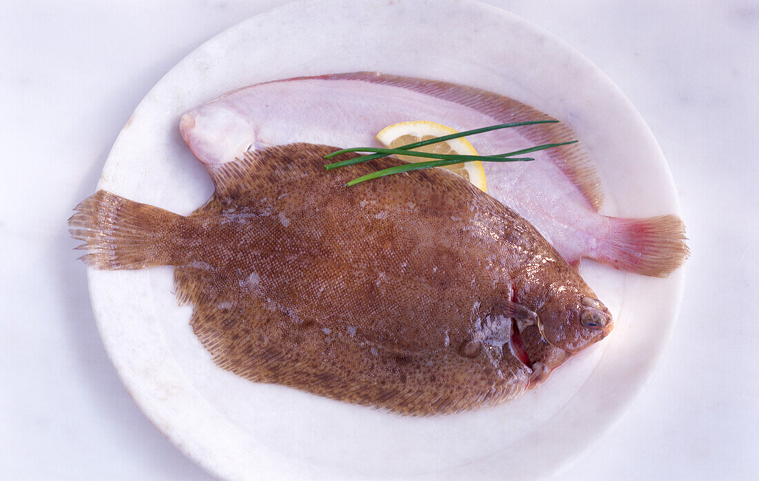 Two lemon sole fillets (Limandes) on a plate