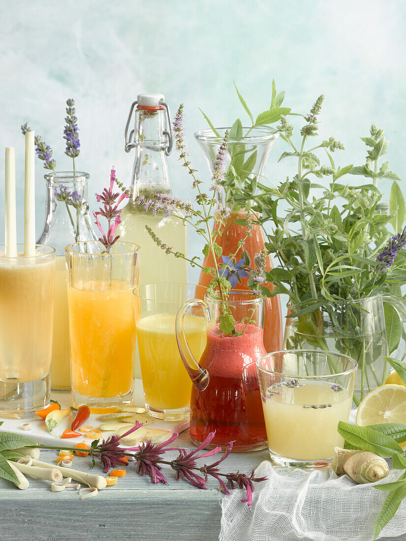 Various fruit juices with herbs and spices