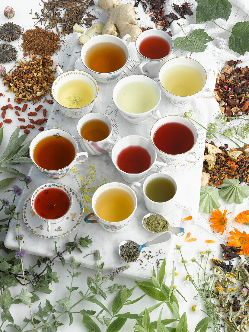 Different kinds of fruit tea and herbal tea in cups