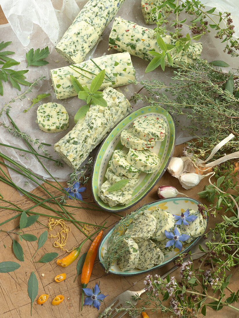 Three different types of herbed butter