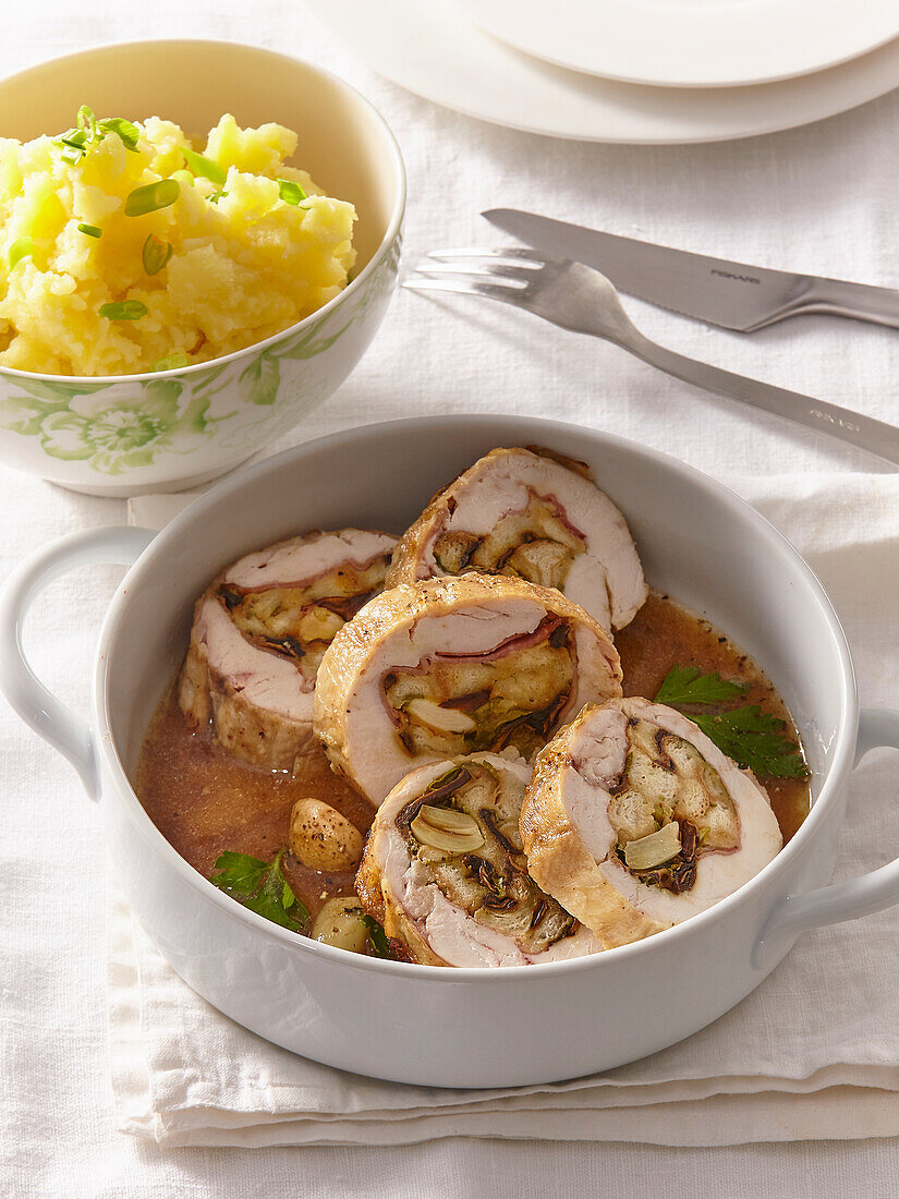 Chicken roulade stuffed with garlic and mushrooms