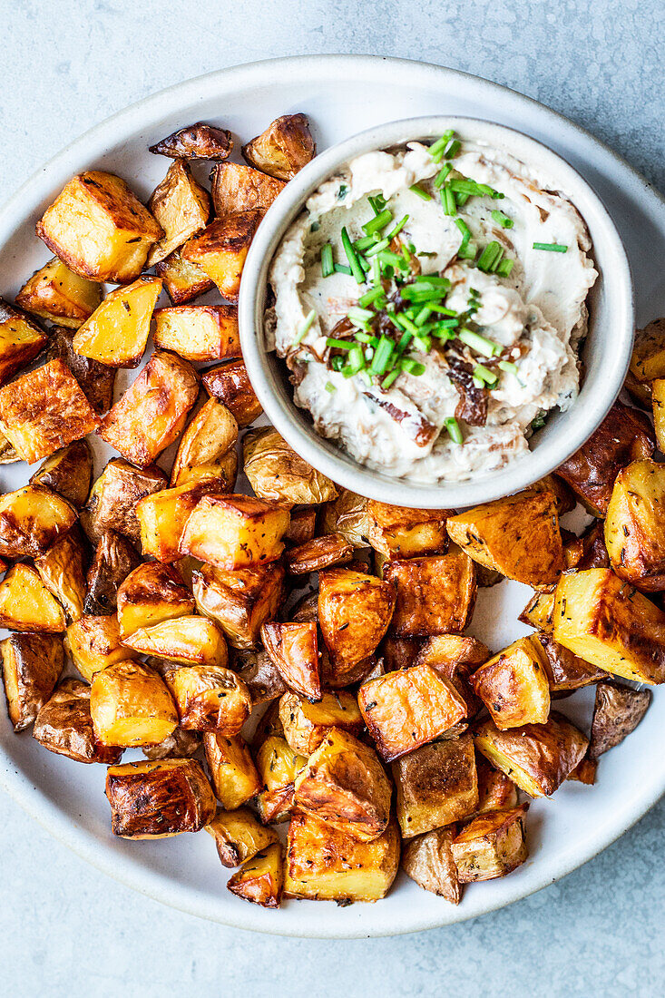 Crispy baked diced potatoes with French onion dip