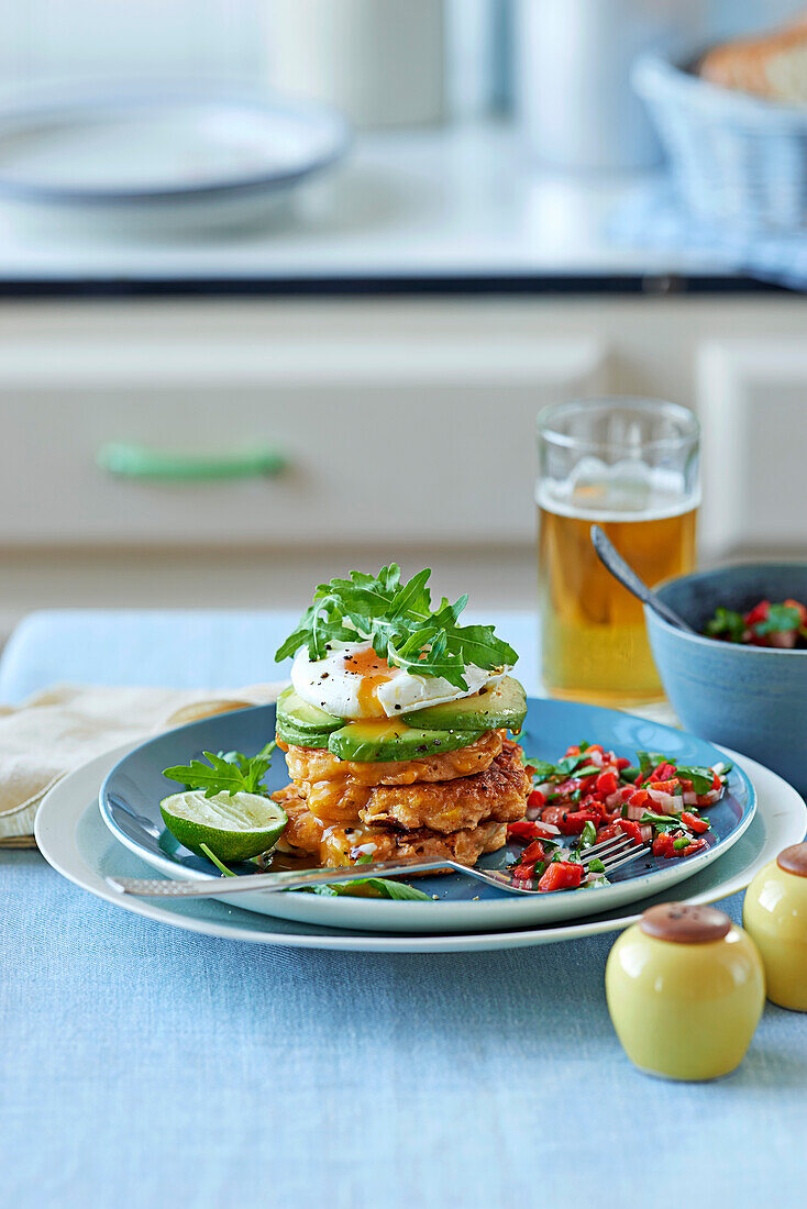 Sweetcorn cakes with poached eggs and salsa