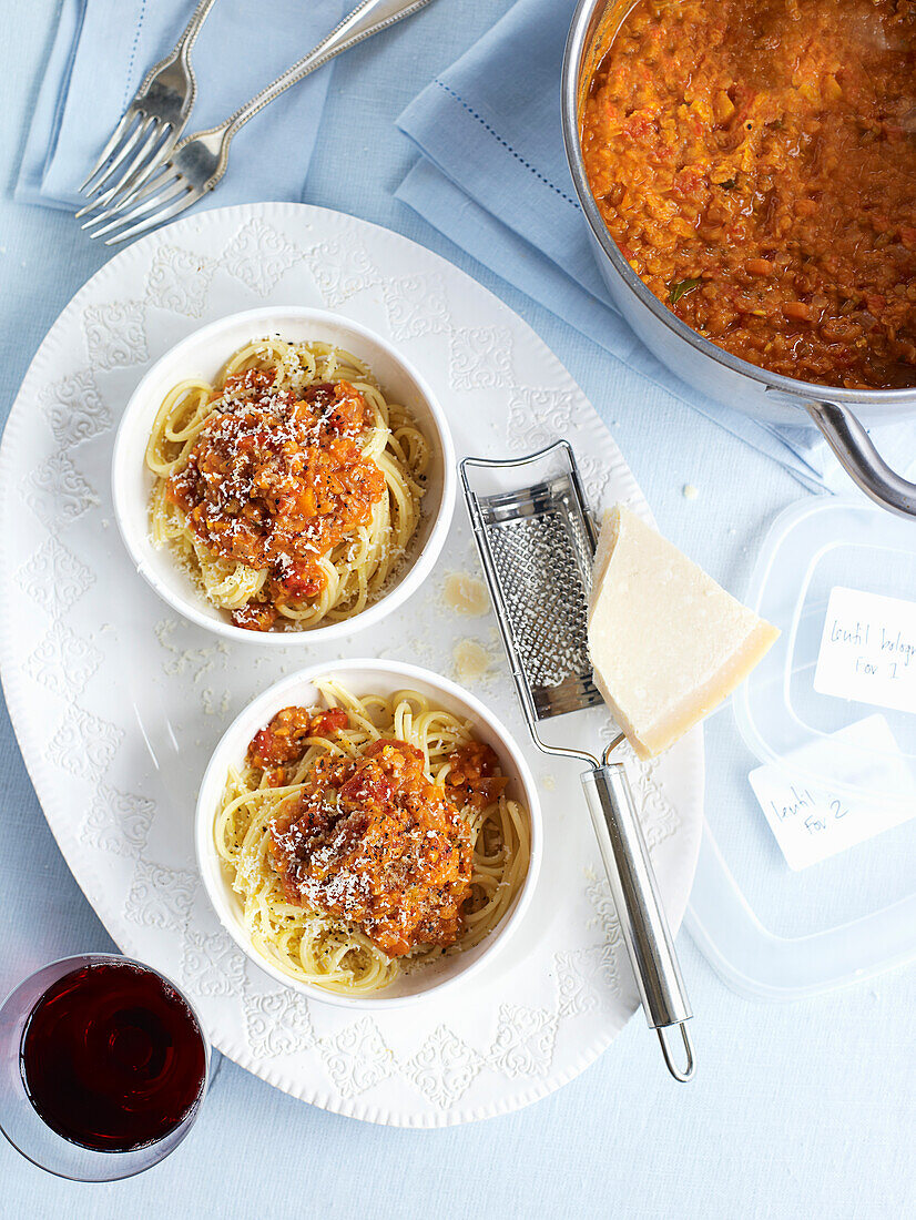 Spaghettini with lentil bolognese