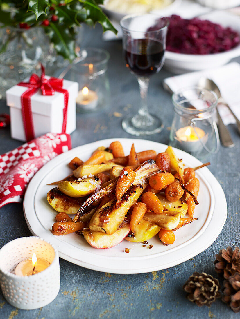Glazed roasted parsnips, Chantenay carrots, and apples