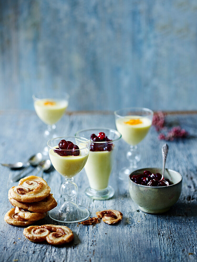 Clementine possets with cranberry compot and cinnamon palmiers