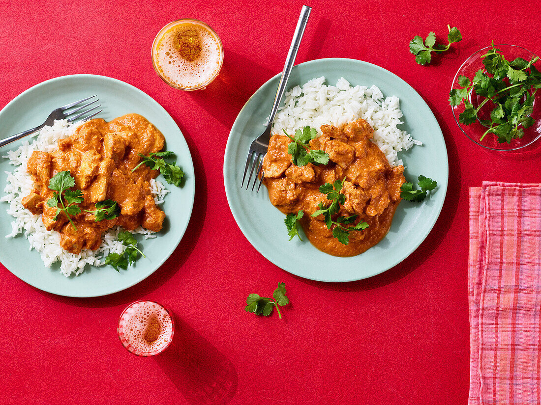 Chicken korma, rice and coriander