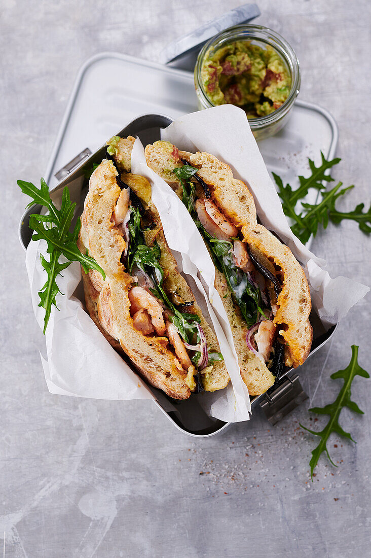 Shrimp flatbread sandwiches with avocado, eggplant, and rocket 'To Go'