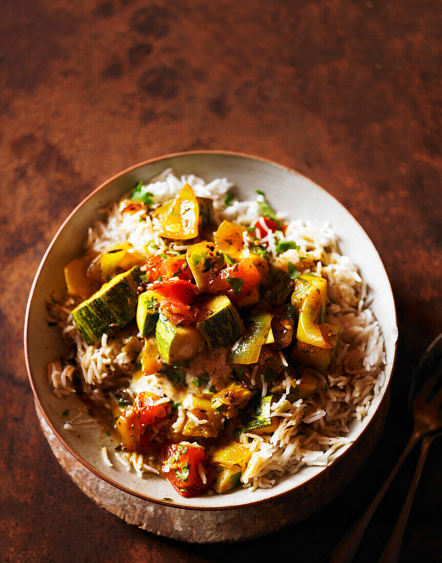 Zucchini curry with coriander on rice