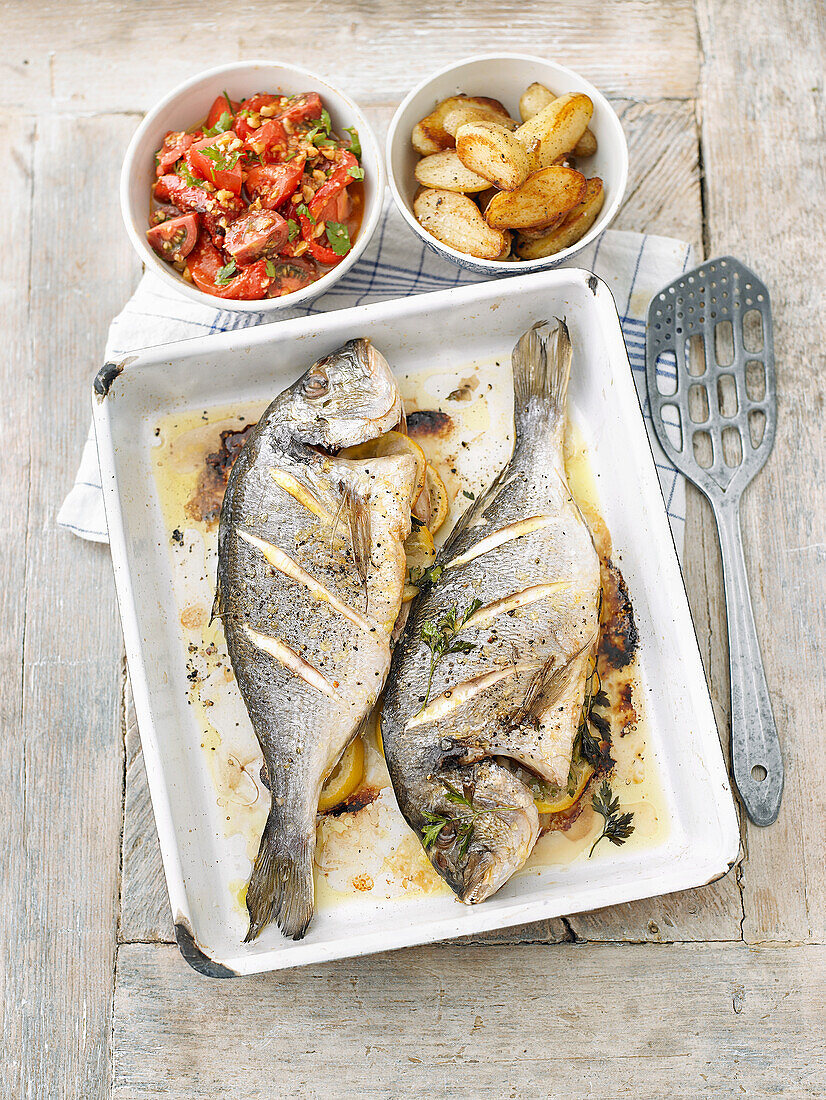 Roast whole fish with salsa romesco