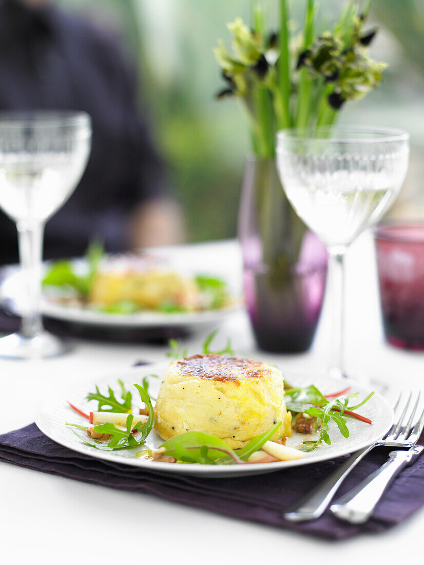 Twice baked goat cheese souffles with apple-walnut salad