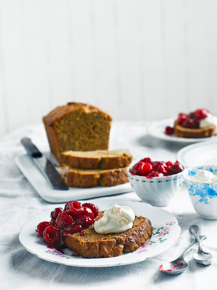 Banana bread with vanilla ricotta and raspberries