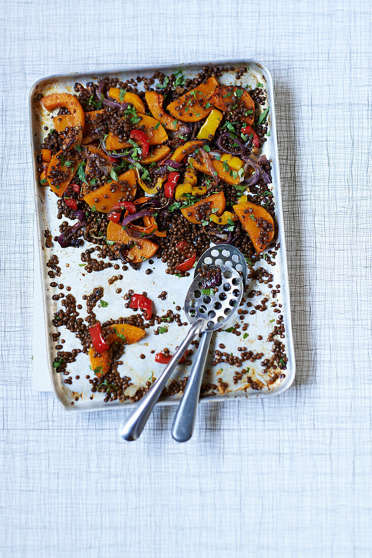 Spicy roasted vegetables with lentils