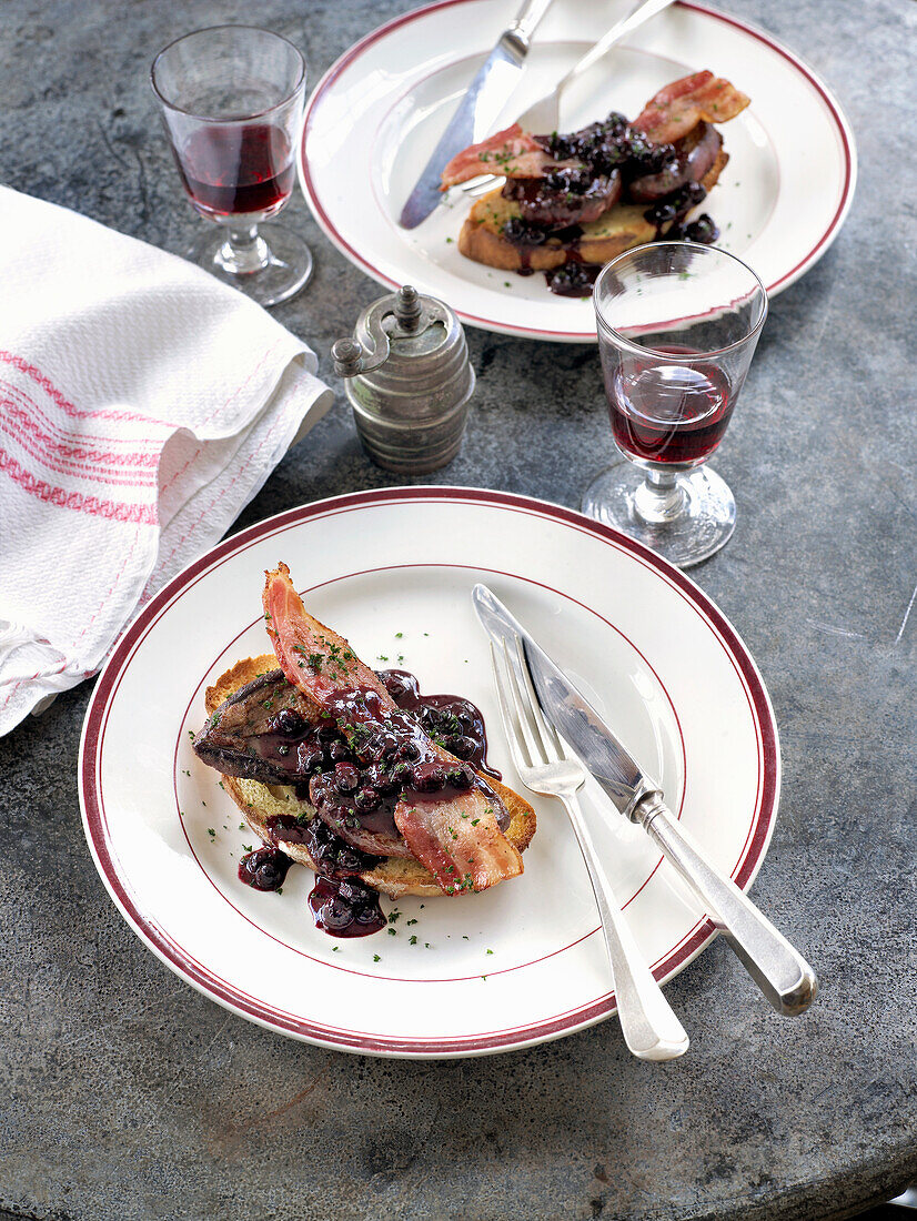 Pigeon Breasts on Bread with Bacon and Blackcurrant Sauce