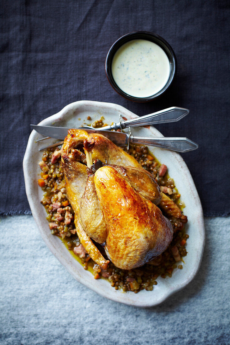 Guinea fowl with lentils, sherry, and bacon