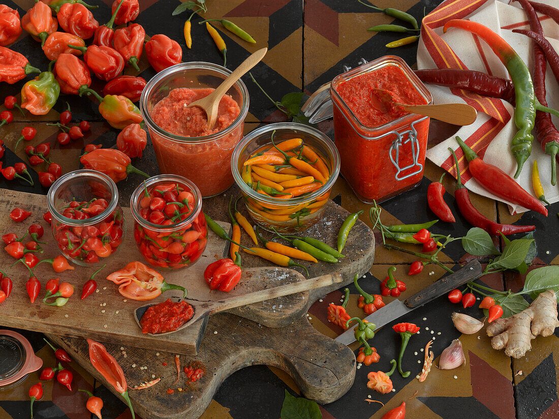 Chili sauces and chilies pickled in vinegar, various types of chili