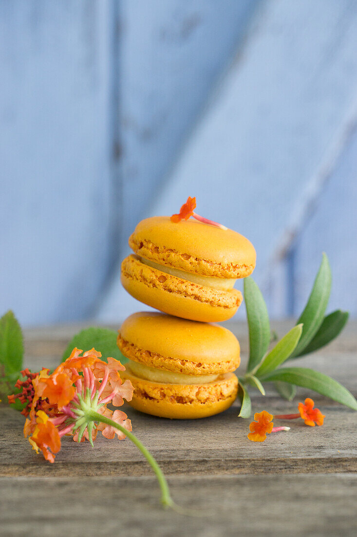 Orange macarons, olive branches, and Lantanas